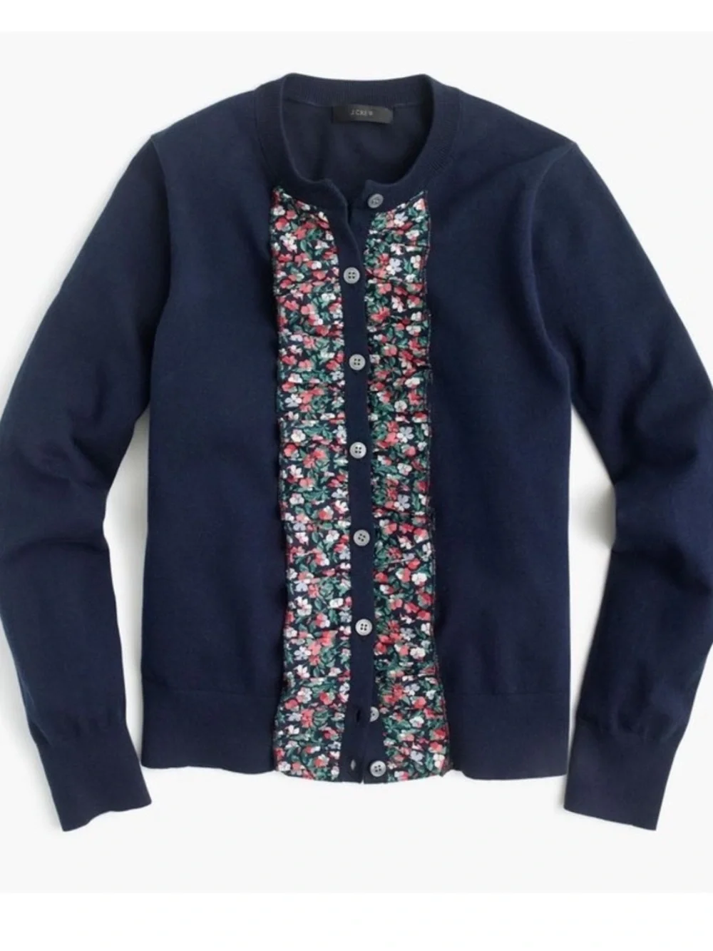 J. Crew Jackie Navy Cardigan with Liberty Floral Ruffle Front S